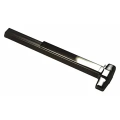 This concealed vertical rod exit device features a touchbar style and night latch outside trim. Constructed in bronze, it is ADA compliant and suitable for doors up to 3 ft wide. Used on commercial doors to provide code-compliant egress with concealed vertical rods.