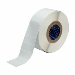 Precut label roll made of gray metalized polyester, halogen-free, with dimensions 2 61/64 in x 1 1/4 in. Compatible with PR Plus printer series. Used for industrial identification and labeling in environments requiring chemical and abrasion resistance.