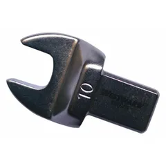 Open end torque wrench head with 10 mm size and 1 5/8 in overall length. Designed for use with compatible torque wrenches to apply controlled torque to fasteners in confined spaces where standard sockets cannot fit.