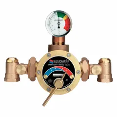 Thermostatic mixing valve constructed of bronze with NBR seals. Includes union angle check-stops. Used in emergency fixture applications such as safety showers and eyewash stations to blend hot and cold water to a controlled temperature.