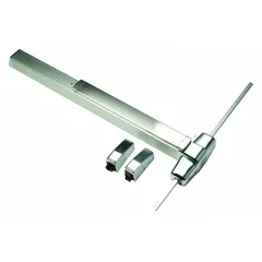 This surface vertical rod push bar is constructed from stainless steel and is designed for use on commercial doors up to 3 ft wide. It features a Touchbar and Night Latch for secure egress. Typical applications include schools, offices, and retail facilities where code-compliant exit hardware is required.