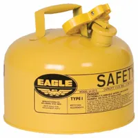 EAGLE Type I safety can for diesel fuel storage and dispensing. Constructed of powder coated steel in yellow with a 2 1/2 gallon capacity. Suitable for industrial environments such as plant maintenance, fueling stations, and workshops where approved safety containers are required for flammable liquids