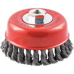 This cup brush is designed for heavy cleaning of contoured carbon steel surfaces. It features standard twist knot wire bristles with a 0.02 in fill diameter and a 5 in diameter. The brush connects via a 5/8"-11 arbor hole, suitable for use with compatible power tools.