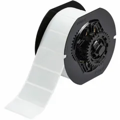 Precut label roll measuring 1 in x 2 in with a 1 in core, made of metalized polyester. Halogen-free and metal-detectable material properties support traceability and contamination control in industrial identification and tracking applications. Compatible with i3300 printer series.