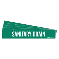 Green adhesive pipe marker with white legend reading 'Sanitary Drain'. Designed for pipes with an outside diameter of 8 inches and larger. Each pack contains 5 markers, each without directional arrows. Used to identify sanitary drain lines in industrial piping systems.