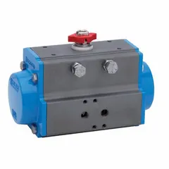 Double-acting pneumatic valve actuator from BONOMI Series 82, with aluminum housing and ISO mount type F05/F07. Delivers 320 in-lb torque at 80 psi, closing time 0.1 seconds, no springs. Suitable for quarter-turn valves such as ball and butterfly valves in industrial automation and process control.