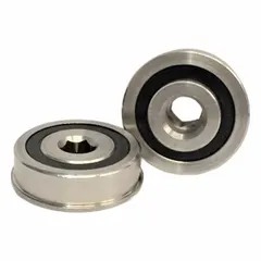 Single-row (1 PR) conveyor roller bearing with 1.78 in outer diameter and 1 7/8 in flange outside diameter. Designed for 1.9 in (16 Gauge) schedule pipe, supporting radial loads up to 1,143 lb. Used in material handling systems to support rotating axles in conveyor rollers.