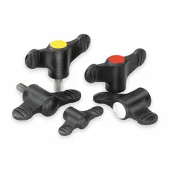Wing knob with threaded hole, 75 mm diameter plastic body with steel M10 thread and 14 mm thread length. Used for manual clamping, positioning, and fastening in jigs, fixtures, and industrial equipment.