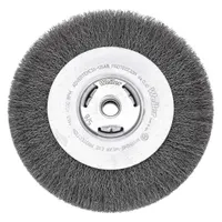 This light-cleaning brush from WEILER is designed for carbon steel surfaces. It features a crimped steel fill of 0.014 in and measures 6 in diameter by 5/8 in width. The brush accepts a 5/8 in to 1/2 in arbor. It is used for removing rust, scale, and light burrs in maintenance and metalworking applications
