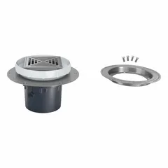 This ZURN height adjustable floor drain features a 5 in stainless steel grate and 3 in nominal pipe size with solvent weld PVC connection. The PVC construction provides chemical resistance, and the stainless steel clamp collar ensures secure installation. Suitable for industrial drainage applications where adjustable height is required.