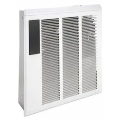 Large recessed electric wall heater with programmable 5-2 thermostat. Dual wattage output selectable between 1800 W and 4000 W. Operates on 277V AC, single-phase power. White grille. Rough-in dimensions: 18-3/16 in H x 14-1/4 in W x 3-7/8 in D. Suitable for supplemental or primary heating in commercial or residential spaces.