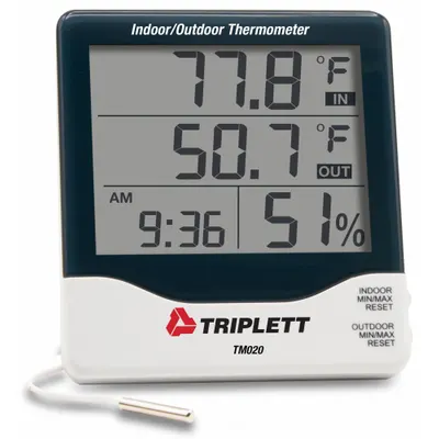 TRIPLETT Indoor/Outdoor Temperature Indicator: 10%to 99% Humidity Range - Desk & Wall Mount Meters with Cabled Sensors