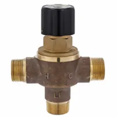 This point-of-use thermostatic mixing valve blends hot and cold water to a consistent outlet temperature. It has a 3/4 in outlet connection size and stainless steel springs. Typical applications include showers, sinks, and other fixtures requiring tempered water.
