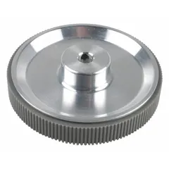 Aluminum measuring wheel with a center screw mount and 6 mm mounting hole diameter. Designed for use with an encoder to measure linear distance or speed in industrial automation, material handling, and packaging applications.