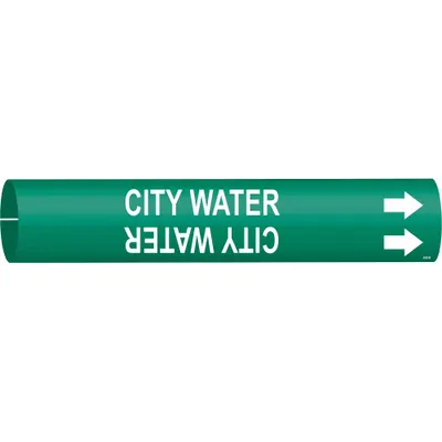 BRADY Pipe Marker: City Water, Green, White, Fits 2 1/2 to 3 7/8 in Pipe O.D. - City Water Snap-On Pipe Markers