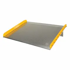 This aluminum dock board bridges the gap between a loading dock and truck or trailer for safe forklift and pallet jack loading and unloading. It has a 20,000 lb load capacity, 72-inch overall length, and 60-inch overall width. The board is constructed of aluminum with a steel curb.