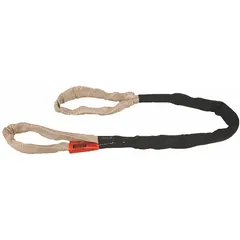 This abrasion-resistant eye round sling is constructed with polyester and features a polyester sleeve with a nylon cover. It is used for lifting and rigging heavy loads in industrial settings such as construction, manufacturing, and warehousing, where resistance to wear is required.