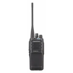 UHF handheld two-way radio supporting analog and NXDN digital modes. 5 W output power with 64 channels. FCC license required for operation. Suitable for on-site voice coordination in business and industrial settings such as construction, security, warehousing, and facility management.