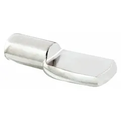 Steel shelf support with gray nickel-plated finish. Measures 1/4 in wide, 11/16 in long, 13/64 in high. Supports up to 25 lb. Suitable for holding lightweight shelves in cabinets, closets, or display units. Sold in an 8-pack.