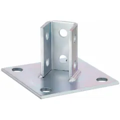 This electroplated steel post base is designed for use with 1-5/8 in x 1-5/8 in single strut channel. It features six holes for secure mounting and provides a grounded attachment point in industrial framing systems, commonly used to support piping, conduit, or equipment.