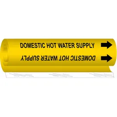 Yellow wrap-around pipe marker with black legend text reading 'Domestic Hot Water Supply' and directional arrows. Fits pipe outer diameters from 1/2 to 1-3/8 inches. Used to identify domestic hot water supply lines in piping systems.