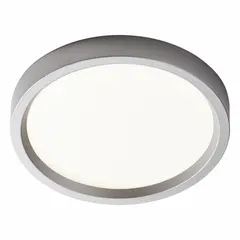 Round surface-mount LED downlight with a low-profile design, 5-inch diameter, and silver finish. Delivers 650 lumens at 2700K warm white, consuming 9.5 watts on 120V AC. Suitable for vanity or general ambient lighting in residential or commercial spaces where a compact flush fixture is required.