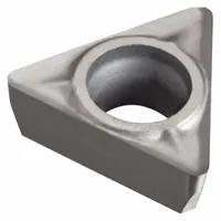 Triangle (T) indexable turning insert for finish turning of steel and stainless steel. TCGX geometry with sharp cutting edges reduces cutting forces and improves surface finish in light machining operations. Grade H10 provides wear resistance for consistent performance