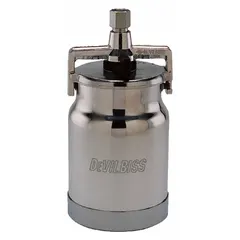 Aluminum siphon feed spray gun cup for DeVilbiss series spray guns. Holds paint or coating material and feeds it to the spray gun tip. Used in industrial finishing applications such as automotive, woodworking, and general manufacturing.