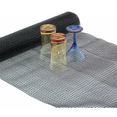 This shelf liner is made from ethylene vinyl/polyethylene and measures 40 ft in length by 2 ft in width. It is cut to fit and non-interlocking, suitable for placement on shelving surfaces to protect against scratches and spills in commercial kitchens, warehouses, and retail displays.