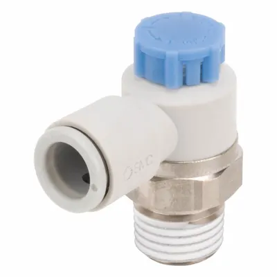 SMC Speed Control Valve: Elbow Fitting, Knob, 1/4 in/1/8 in Valve Body Size - Elbow-Style Speed Control Valves