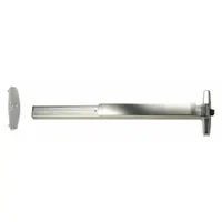 Rim-type exit device with touchbar bar style and night latch outside trim. Chrome finish. Designed for doors up to 3 ft wide. ADA compliant for commercial egress applications