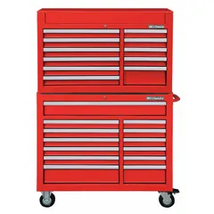 This heavy-duty top chest and rolling cabinet combination features 24 drawers with ball-bearing slides for smooth operation. The red powder-coated finish resists wear, and the keyed locking system secures contents. Suitable for organized storage of tools and equipment in workshops, garages, and maintenance facilities.