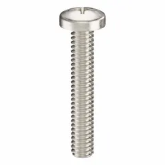 Pan head machine screws with a #3 Phillips drive, made from 316 stainless steel with a plain finish. Thread size is 1/4"-20 and length is 1-1/2 inches. Sold in a 10-pack. Commonly used in applications requiring corrosion resistance, such as marine or chemical environments.