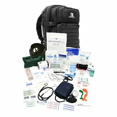 Black nylon backpack trauma kit containing 206 components. Includes a stethoscope, 3 multi trauma dressings, 16 bandage strips (1 in x 3 in), burn gel, 8 pairs of nitrile gloves, and 20 pain relievers. Suitable for emergency medical response in industrial, construction, and field settings.