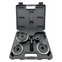 This knockout punch tool kit includes a power screw, adaptor, and carrying case. It is used for cutting clean holes in metal panels, enclosures, and sheet metal for conduit, cable, or piping installations.