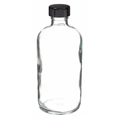 This 60 mL clear narrow mouth round glass bottle is made from Type III soda lime glass, suitable for general laboratory storage of liquids or dry samples. It features a 20-400 mm screw closure size, with closure packaged separately. The bottle is not graduated and not pre-cleaned.