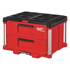 Polymer tool box with drawers for organized storage and transport of tools. Black/red finish with security bar. Dimensions: 22-3/16 in width, 14-5/16 in height, 16-5/16 in depth. Part of the PACKOUT modular system.