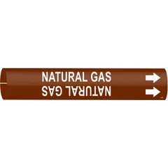 This snap-on pipe marker identifies natural gas lines. It features a brown background with white legend text and includes directional arrows. Designed for pipe outer diameters from 1-1/2 to 2-3/8 inches. Suitable for use in industrial piping systems to indicate gas flow direction and content.