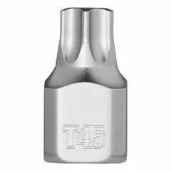 Torx bit socket with T45 tip size and 1/4 in drive. Fixed insert design for secure bit retention. Overall length 51/64 in. Suitable for driving T45 Torx fasteners in assembly, automotive, and maintenance tasks.