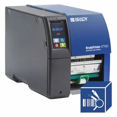 Single-color desktop printer supporting direct thermal and thermal transfer printing. Maximum label width of 4 3/8 inches. Includes USB cable and Brady Workstation Product and Wire ID Software Suite. Used for printing labels for wire and cable identification, component labeling, and general industrial marking.