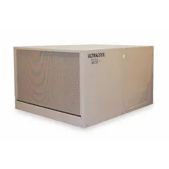 Single-inlet ducted evaporative cooler for residential use. Measures 34-5/8 x 42 x 48 inches with 8-inch pad thickness. Operates at 115/230V AC. Drive package included, assembly required. Suitable for cooling spaces in dry climates.