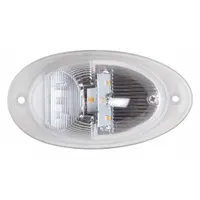 This LED marker light features an amber lens, oval surface-mount design, and hole mount. It uses a Delphi GT 150 Connector and has a 1 in overall height, complying with SAE Lens Code P2. Suitable for side turn indication and side marking on trailers, trucks, and heavy equipment