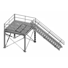 Steel guard platform measuring 10 ft x 12 ft x 10 ft with a gray acrylic enamel finish. Platform load capacity of 125 lb/sq ft. Suitable for elevated security and surveillance positions in industrial, construction, and logistics environments.