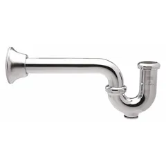 Cast brass P-trap with chrome-plated finish, 1-1/4 in nominal pipe size, and 11 in overall length. Includes brass swivel nuts and cleanout for maintenance access. Used in plumbing systems to trap water and prevent sewer gas entry, suitable for exposed installations such as under sinks.