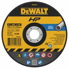 This DEWALT cut-off wheel is designed for contaminant-free cutting of stainless steel, preventing carbon or other impurities from compromising weld integrity or corrosion resistance. The 6-inch diameter, 0.045-inch thickness, and 7/8-inch arbor hole accommodate standard angle grinders. Constructed from aluminum oxide with 60 grit (A60S series), it is suited for metal fabrication, welding preparation, and maintenance tasks.