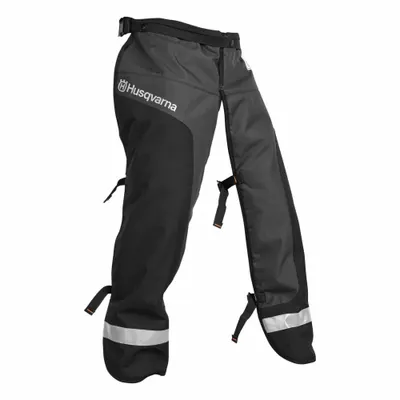 HUSQVARNA Chainsaw Chaps: Polyester, 32 in Overall Lg, Black/Grey, Open Back Chap - Chainsaw Protective Chaps