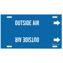 This strap-on pipe marker identifies outside air lines in HVAC, ventilation, and industrial process systems. It features a blue background with white legend text and directional arrows, fitting pipe outer diameters from 6 to 7-7/8 inches. The marker is supplied as a single unit.