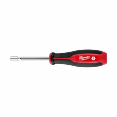 This MILWAUKEE pass-through nut driver features a HollowCore™ design that allows fasteners to pass through the socket, enabling work on long threaded rods. It has a 5 mm hex tip, standard length, and is non-magnetized. Suitable for driving and removing hex nuts and bolts in confined spaces, commonly used in electrical, mechanical, and assembly tasks.