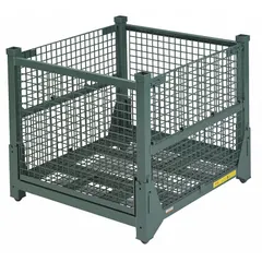 Rectangular collapsible wire bulk container with 18.4 cu ft capacity, 45 x 48 x 42 in dimensions, green finish. Features 4-way fork entry, fork pockets, one drop door, and vented walls. Stacking capable, stationary, lid not included. Suitable for industrial storage and transport of bulk materials in warehouses and manufacturing facilities.