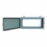 Steel enclosure measuring 12 x 24 x 8 inches with NEMA 12/13 rating for indoor protection against dust, dirt, and non-corrosive liquids. Includes a panel and a solid hinged cover secured by clamps. No knockouts provided. Suitable for housing electrical controls, terminals, and instruments
